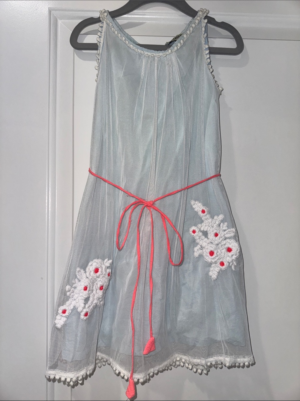 Girls White Mesh and Light Blue Dress with Coral Tie and Floral Appliqué